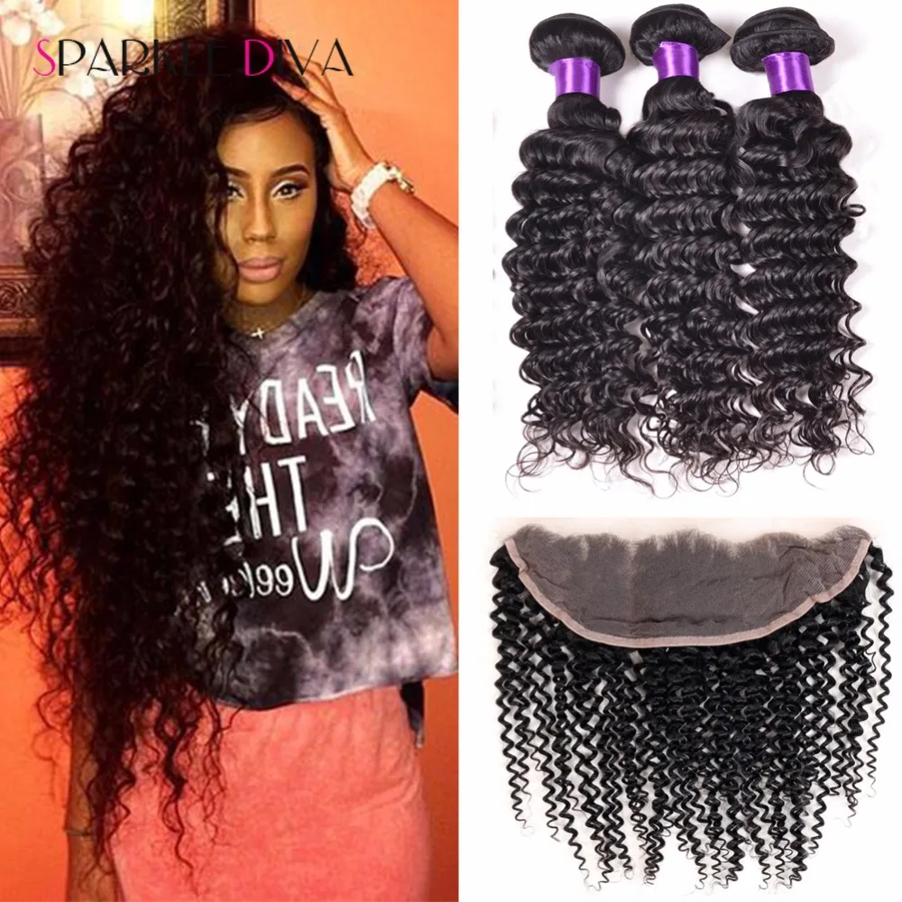 

Brazilian Deep Wave With Frontal 13X4Ear To Ear Lace Frontal With Bundles Grade 8A Brazilian Hair Deep Wave Bundles With Closure
