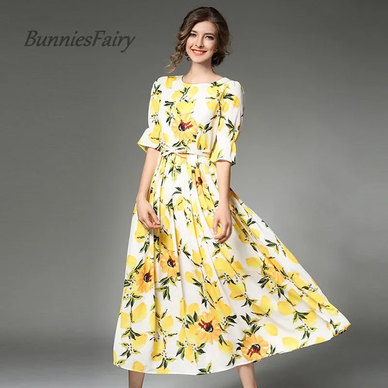 BunniesFairy Лето 2018 г. милые желтый лимон фрукты Ptinted О образным вырезом взлетно