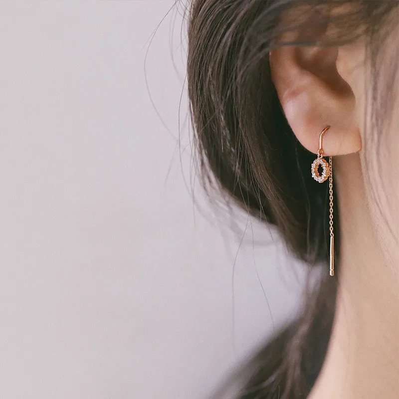 S925 Sterling Silvery Ear Line Female Circle Earrings Temperament Chain Long Fresh Personality Sweet All-match Z9492 | Украшения и