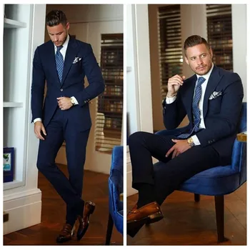

Custom Made Men Wedding Suits Navy Blue Peaked Lapel 2 Piece Stage Show Groom Tuxedo jacket Men Suits with Pants Slim Fit Blazer