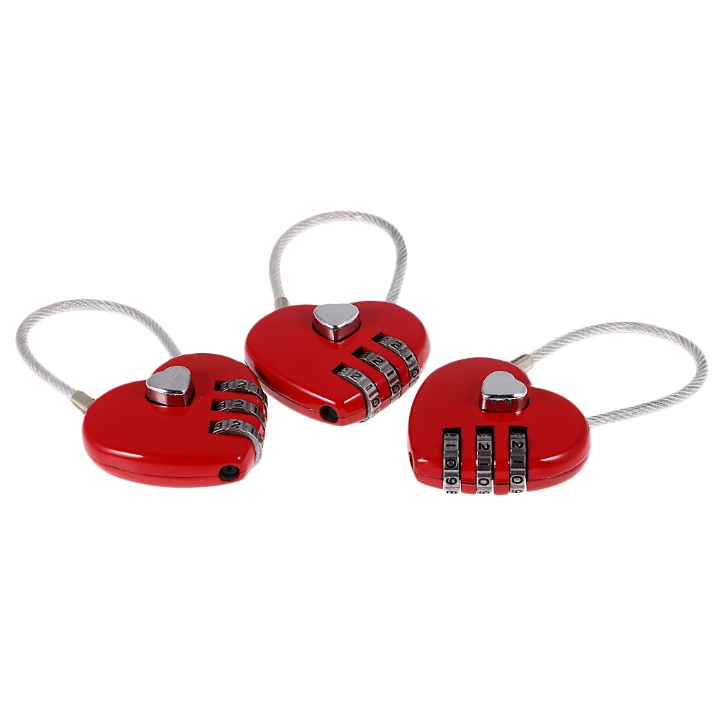 3Pcs Love Heart Wire Combination Padlock Diary Travel Locker Set Pendant Red
