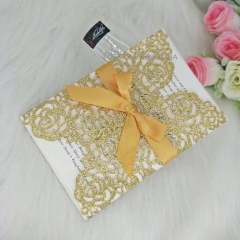 

Glitter Gold Laser Cut Wedding Invitations With Envelopes for Quinceanera Engagement Bridal Shower Party Cards