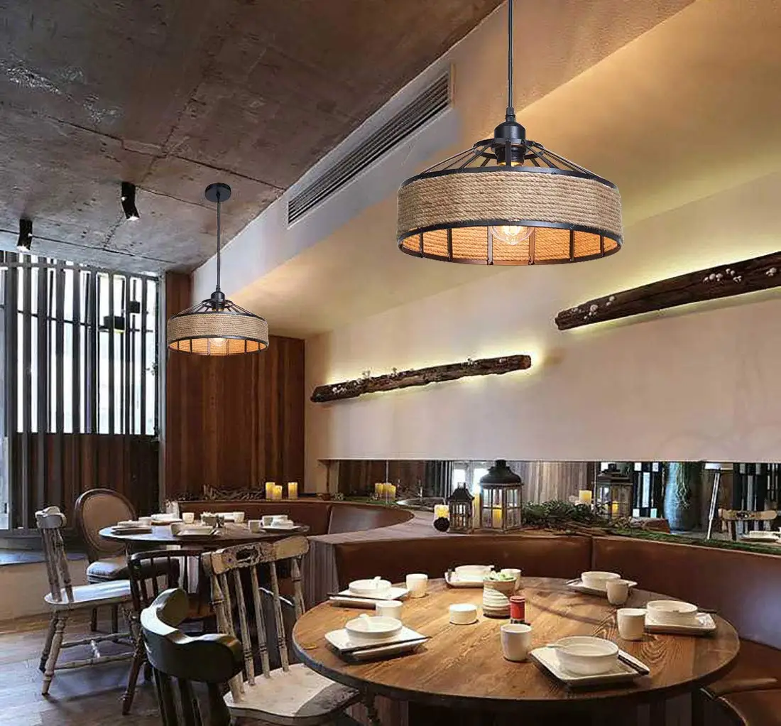 Industrial do Vintage Corda de Cânhamo Ilha da Cozinha Pingente Metal Enjaulado Iluminações Pendurado Luminária Lâmpada Antiga Luz 9 Cheap Luzes de pendentes