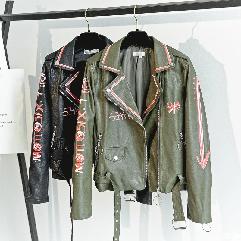 Новинка, женские Вечерние кожаные куртки в стиле панк с буквенным принтом, черные мотоциклетные пальто в стиле рок с длинным рукавом и бусинами