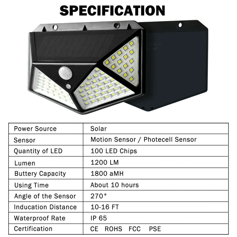 100LED Солнечный свет открытый IP65 водонепроницаемый датчик движения Огни Настенные светильники с 3 режимами для двора лестницы гаража забор крыльца