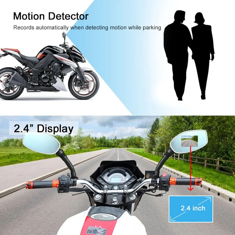 

2.4" Display Motorcycle Rearview Mirror Twin Camera Motorbike Video Camcorder Waterproof HD Traffic Data Recorder Dual Lens