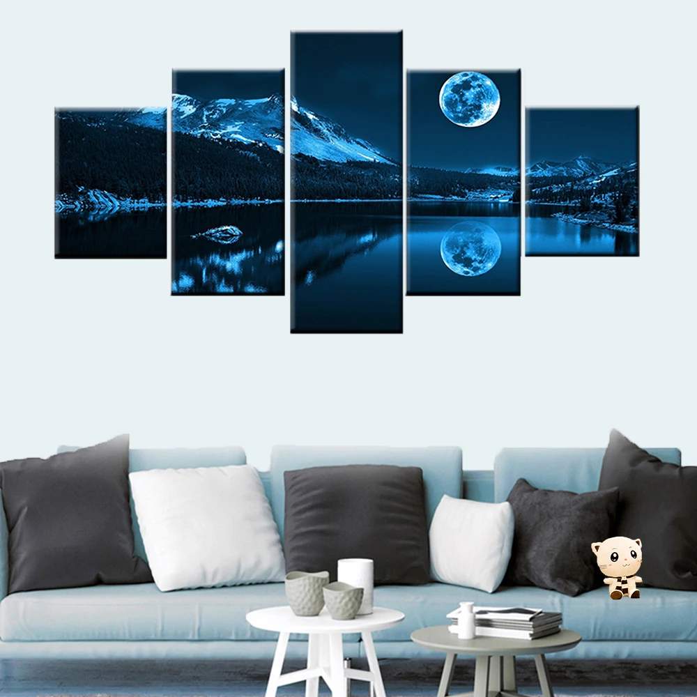 

Canvas 5 pieces abstract blue moon night landscape painting HD printing modern decorative home wall art modular photo frame