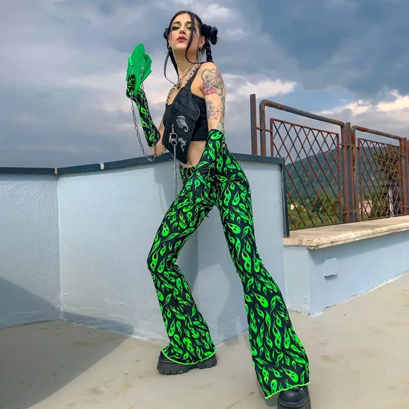 

Green High Waist Flare Pants Fire Printed Legging Autumn Winter Women Fashion Sexy Clubwear Trousers Pants