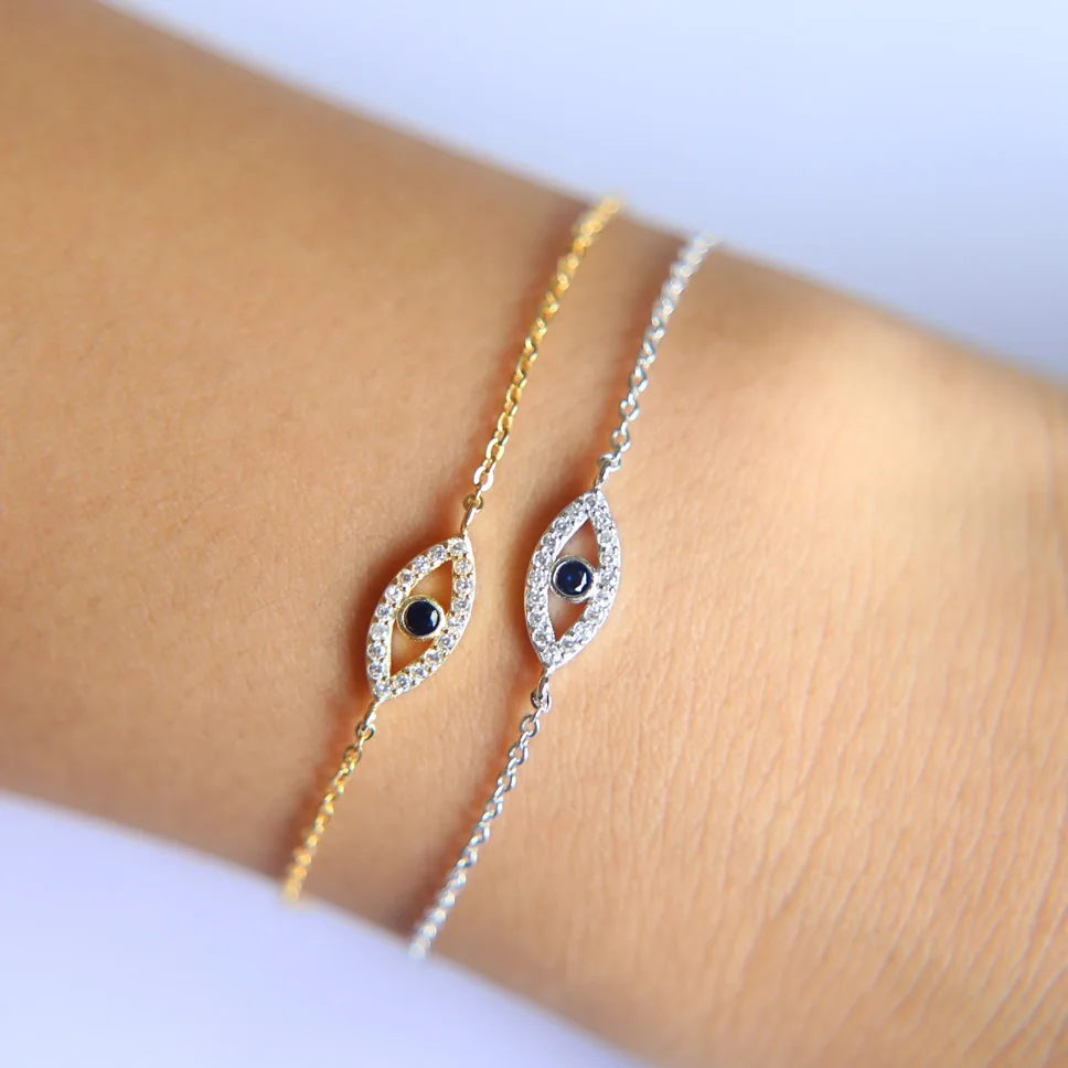 

real 925 sterling silver tiny turkish evil eye micro pave cz gold thin adjustable Link Chain charm Bracelets for women