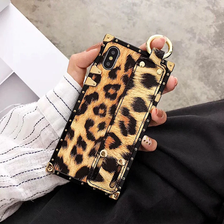 Fashion leopard-print metal wrist strap case for iphone  X XR XS MAX 7 8 6 6S plus square four-corner protection phone cover capa (2)