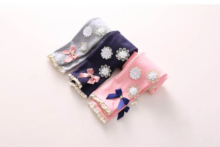 2018 Summer Kids Children Cotton Pink Gray Navy Blue Full Length Capri With Bow Flower Foral Lace Baby Girl Leggings Children (17)