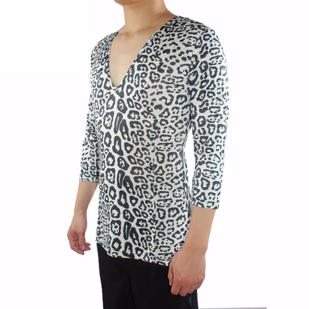 

Лидер продаж, мужские рубашки для латинских танцев, белые хлопковые топы с леопардовой бахромой, Мужская одежда для сальсы, бальных, классических цыганских танцев, 7050