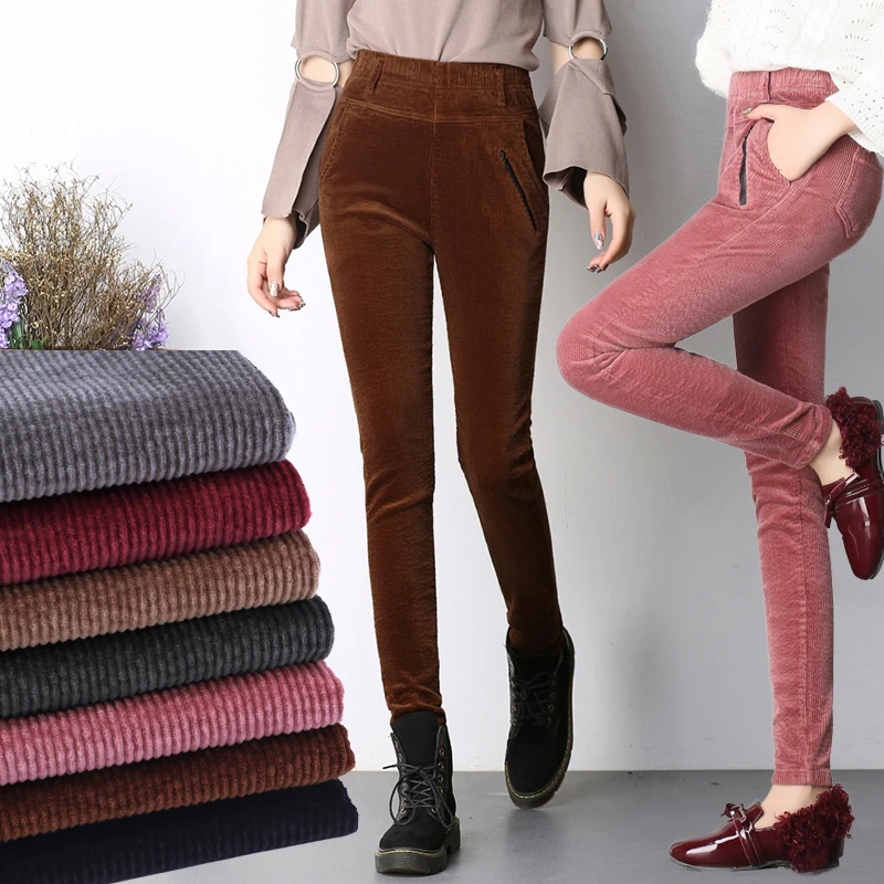 

2018 Spring Fashion Velvet High waist casual pants woman corduroy pants trousers stretch Slim plus size Female Pencil Pants
