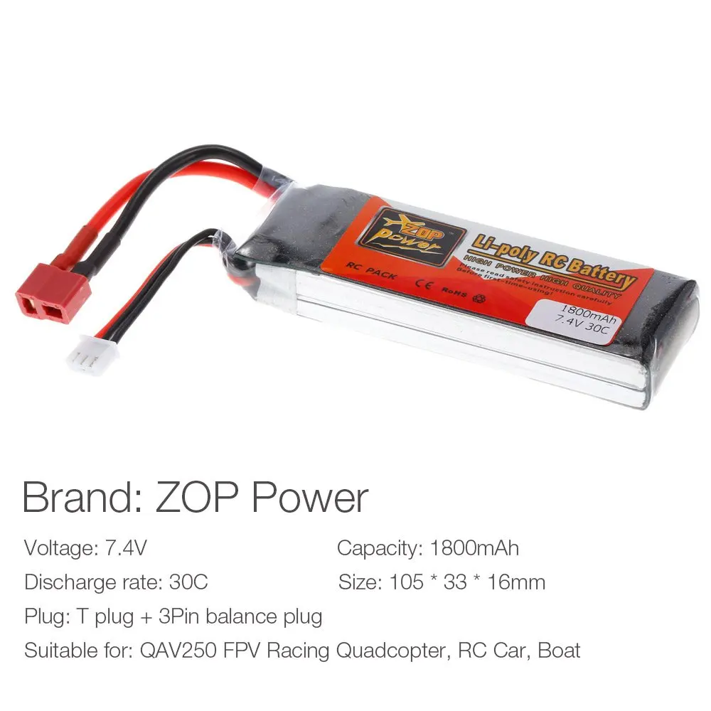 ZOP мощность Plug Lipo батарея для 2 S 7,4 В 1800 мАч 30C T QAV250 FPV системы Racing RC Quadcopter автомобилей Лодка