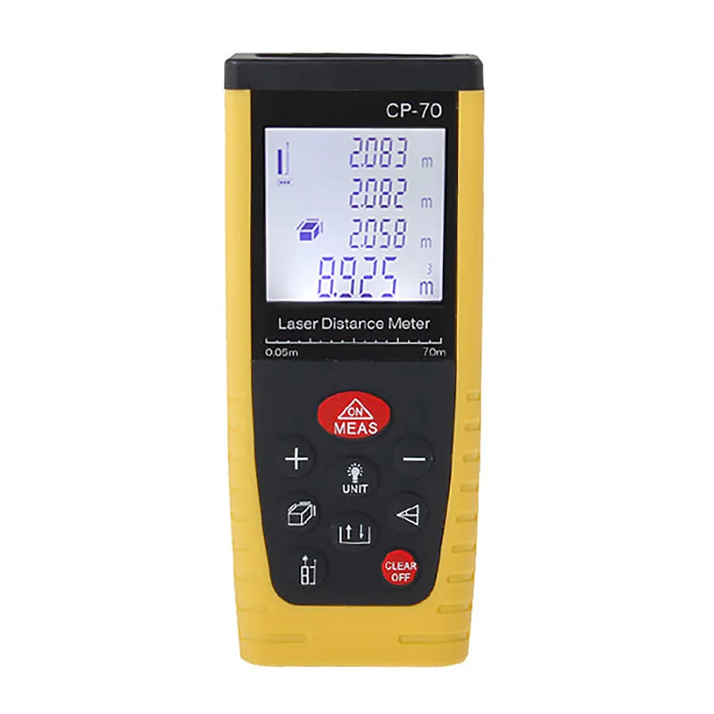 

70M/230ft Anti-fall Laser Distance Meter Yellow Handheld Laser Range Finder LCD with Backlight With Multiple Readings