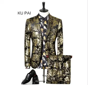

Men Wedding Suit Printed Paisley Floral Black Gold Tuxedo Stage Costumes For Singer Slim Fit Male Suit With Pants M-5XL