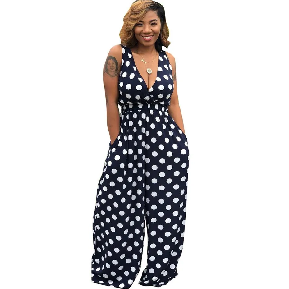 

2018 Women Summer Sexy Polka Dot Jumpsuit Loose Overalls One Piece Deep-V Neck Wide Leg Pant Casual Backless Rompers