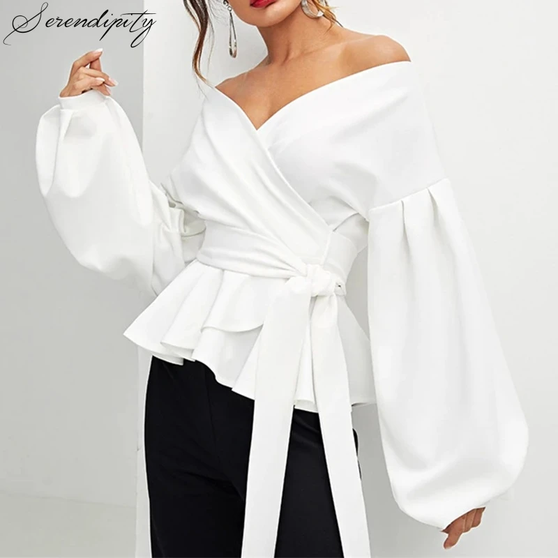 

Off shoulder lantern sleeve blouse shirt Women summer ruffles bow casual blouse Female spring elegant shirt 2019