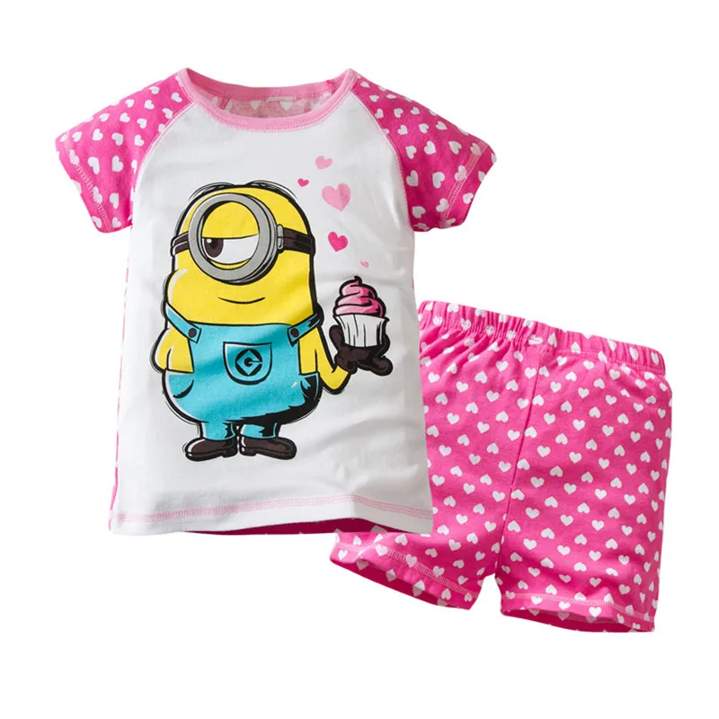 Пижамный комплект для мальчиков и девочек, детская хлопковая летняя футболка с короткими рукавами и рисунком миньонов+ шорты, Пижамный костюм из 2 предметов