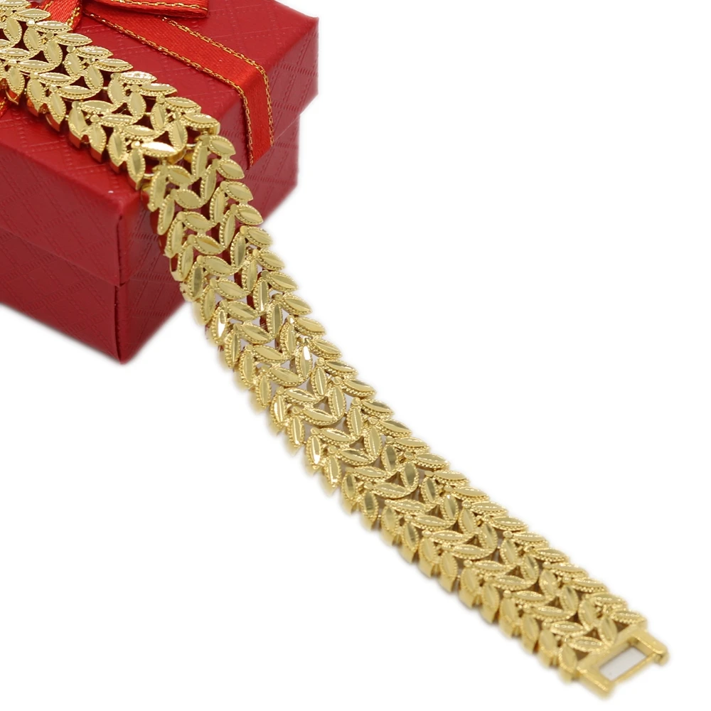 

2 Rows Leaf Patterned Wrist Chain Yellow Gold Filled 17mm Wider Men Bracelet Gift