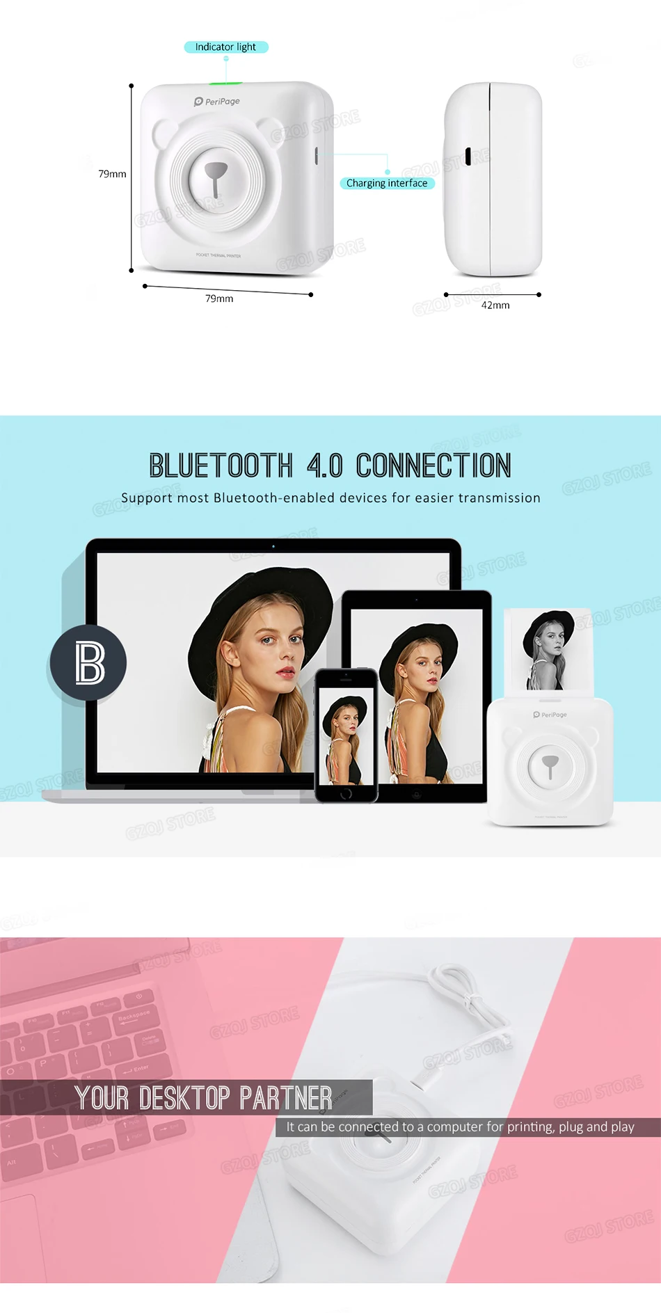 Imprimante thermique portative de Photo d'image de position sans fil de l'imprimante 58mm de Bluetooth pour le téléphone Portable d'android IOS GZM5804