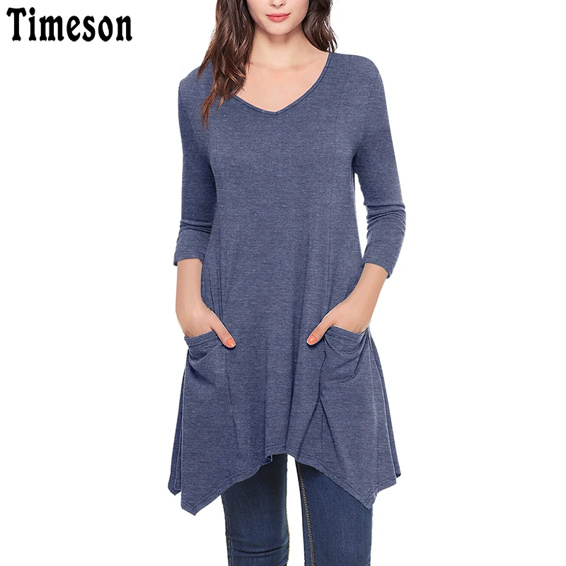 Womens V Neck Asymmetrical Hem 3/4 Sleeve Knitted Long