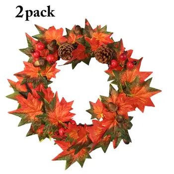 

2Pcs Christmas Wreath 14'' Artificial Plant Maple Garland Leaves Pinecone Christmas Hanging Wreath Christmas Decoration