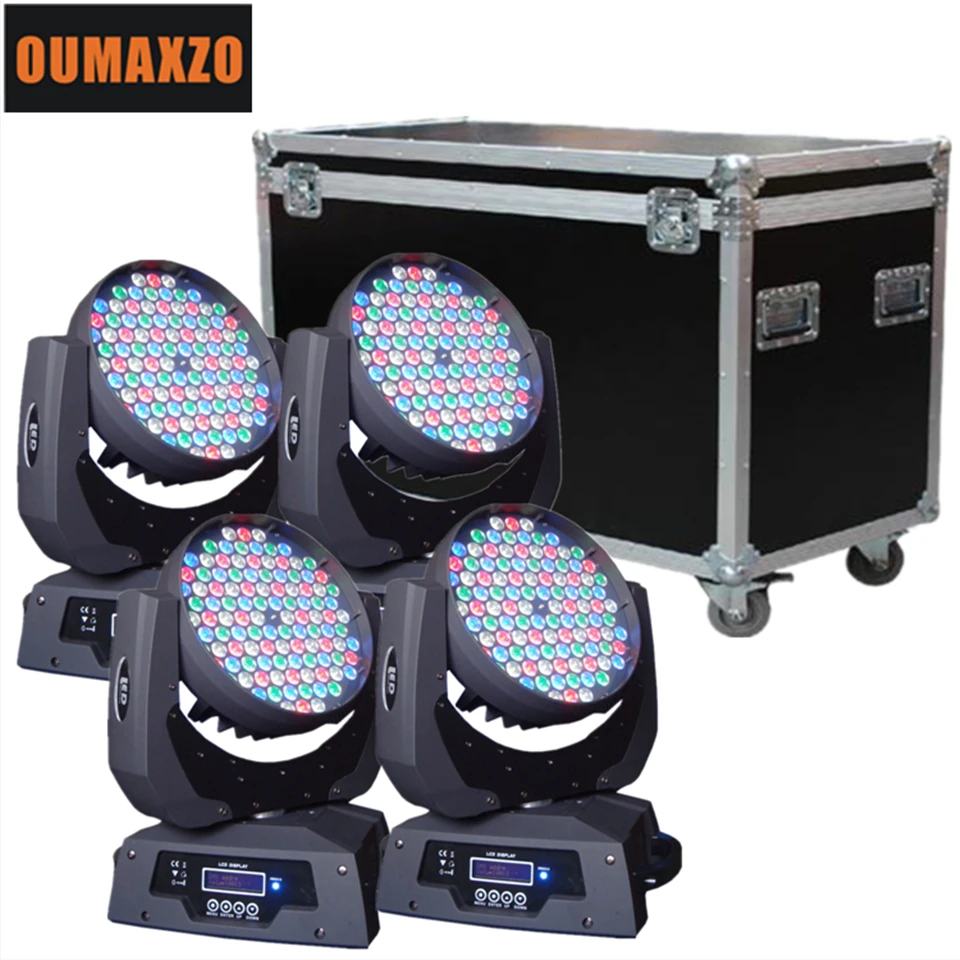 Iluminação de Palco Luz em Movimento 4 Pçs e lote & Flightcase da Cabeça 108 Pcs 3 w Casamento Rgbw Led Moving Head Wash 108 Pcs Rgbw Moving Head Wash dj