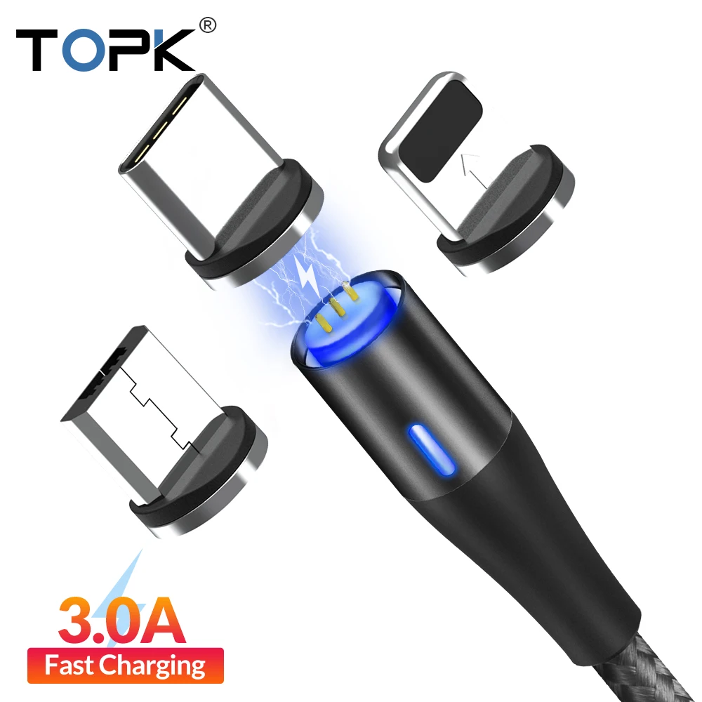 

TOPK 1M 3A Magnetic USB Cable Fast Data Charging Cable for iPhone Xs Max Magnet Charger Micro USB Type C Cable for Samsung S10