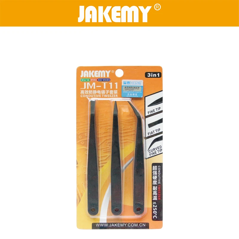 JAKEMY 3 in 1 Anti-static Tweezers Kit Heat Resistant Flat Pointed Curved Tweezers Set for iPhone Samsung Laptop PCB Repair JAKEMY 3 in 1 Anti-static Tweezers Kit Heat Resistant Flat Pointed Curved Tweezers Set for iPhone Samsung Laptop PCB Repair