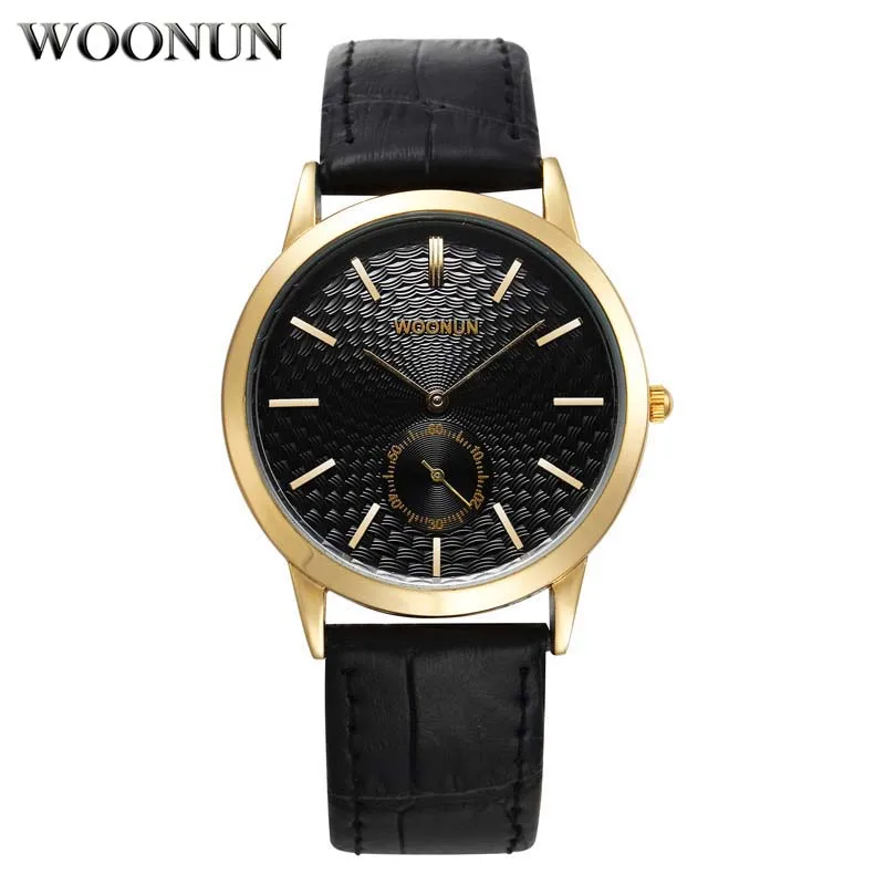 

WOONUN Top Brand Luxury Gold Watches Men Genuine Leather Band Small Seocnds Quartz Watches Men Casual Ultra Thin Watches For Men