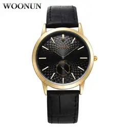 Woonun лучший бренд роскошные золотые Часы Для мужчин Пояса из натуральной кожи Band seocnds Повседневные часы Для мужчин Повседневное ультра