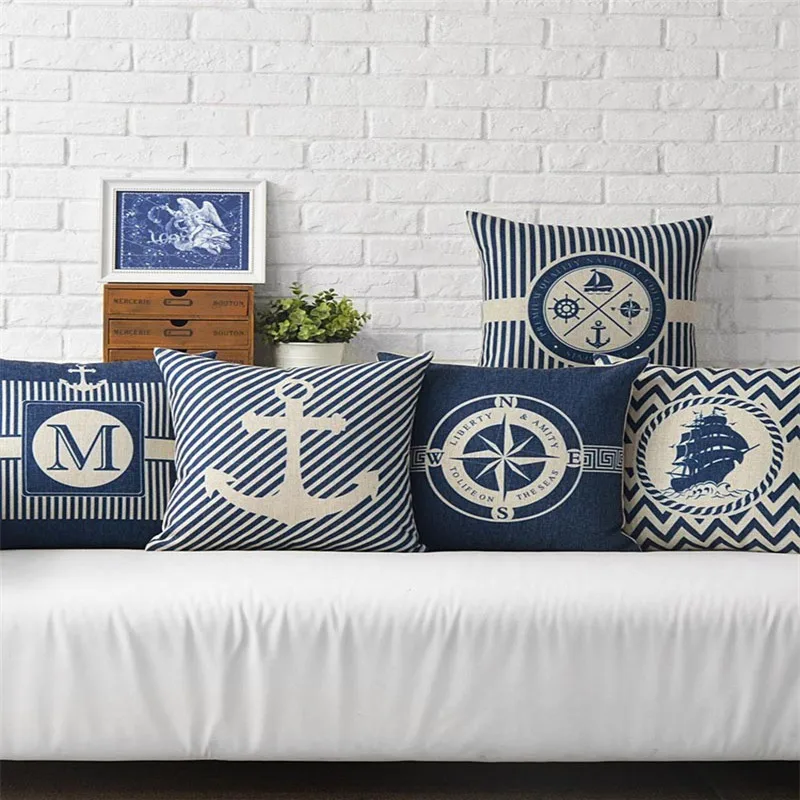 

Sea Blue Compass Printed Cushion Cover Anchor Pattern Marine Ship Throw Pillow Case Decorative Pillowcase Cojines Almofadas