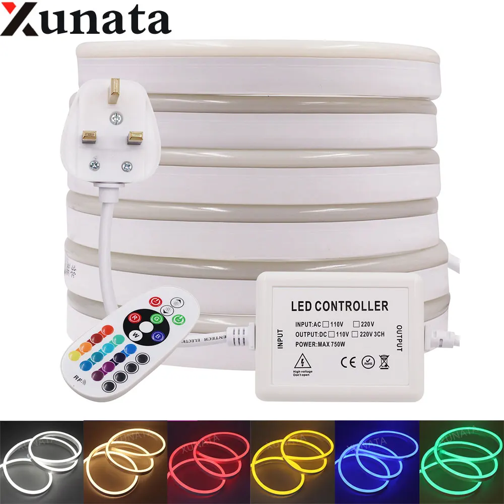 

Neon Lamp AC220V Neon Light Sign SMD 2835 120Leds/m IP67 Waterproof Neon Ribbon Tape+24Key IR RGB controller/EU Plug 1-100m
