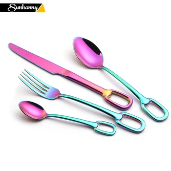 

4Pcs/set Dinnerware Set 304 Cutlery Set Flatware Set Colorful Western Silverware Luxury Service for 1