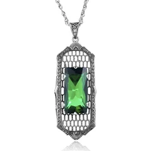 Wholesale Vintage Royal Token Green CZ Rhinestone Genuine 925 Sterling Silver Pendant Necklaces For Women Wedding Accessories