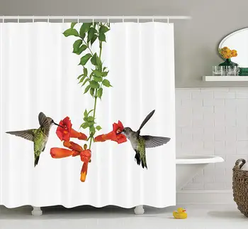 

Hummingbirds Decorations Shower Curtain Two Hummingbirds Sip Nectar From A Trumpet Vine Blossoms Summertime Bathroom
