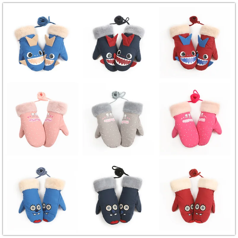 

Children's gloves winter warmth gloves even lanyard plus velvet thickening boy and girls gloves cute cartoon students