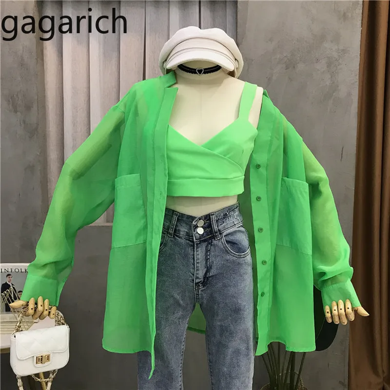 

Gagarich Women Two Piece Set 2019 Early Autumn New Solid Long Sleeve Thin Perspective Sunscreen Blouse Top Small Tank Suit