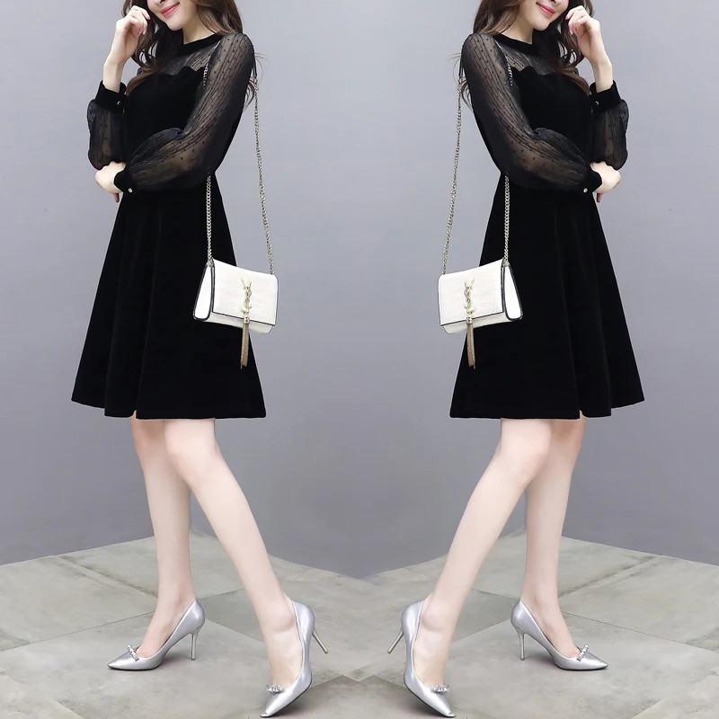 new mesh lace midi dress women gold velvet dress spring and autumn black Party dress French retro dresses robe femme clothes new mesh lace midi dress women gold velvet dress spring and autumn black Party dress French retro dresses robe femme clothes