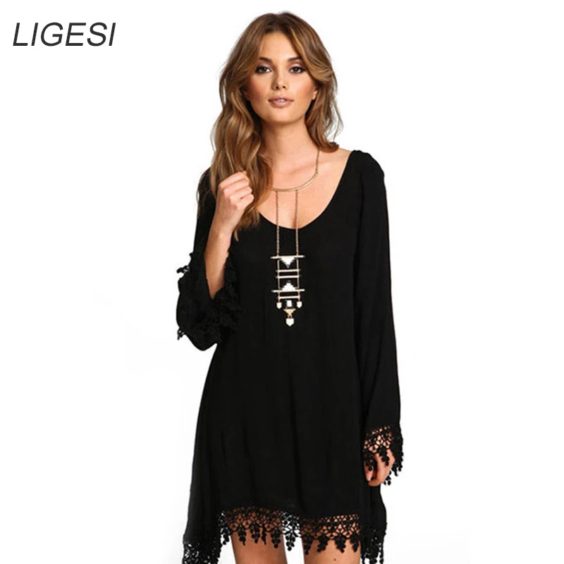 Baratos 2016 mujeres del verano de Boho de la borla Vestido corto Vestido Sexy de encaje de ganchillo Chiffion de la túnica negro Beach Dress Shirt Blusa caliente de la venta Vestido de fiesta 2016 vestidos de la playa vestido