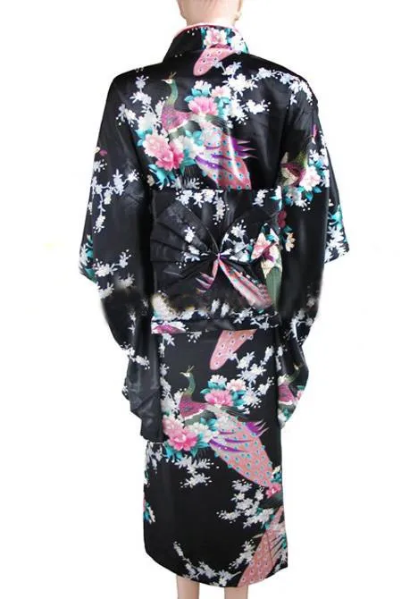 Новое поступление черное винтажное японское женское кимоно Haori Yukata шелковое атласное платье Mujeres Quimono Peafowl один размер H0030