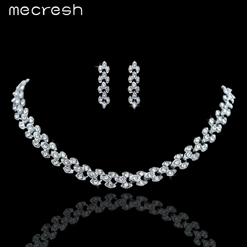 Mecresh Classic Gorgeous Wheat Shape Crystal Choker Bib Necklace Earrings Bridal Jewelry Sets Wedding Accessories TL207