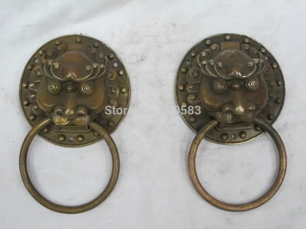 

8"China pure Bronze engrave Chinese foo dog lion face Door knocker pair