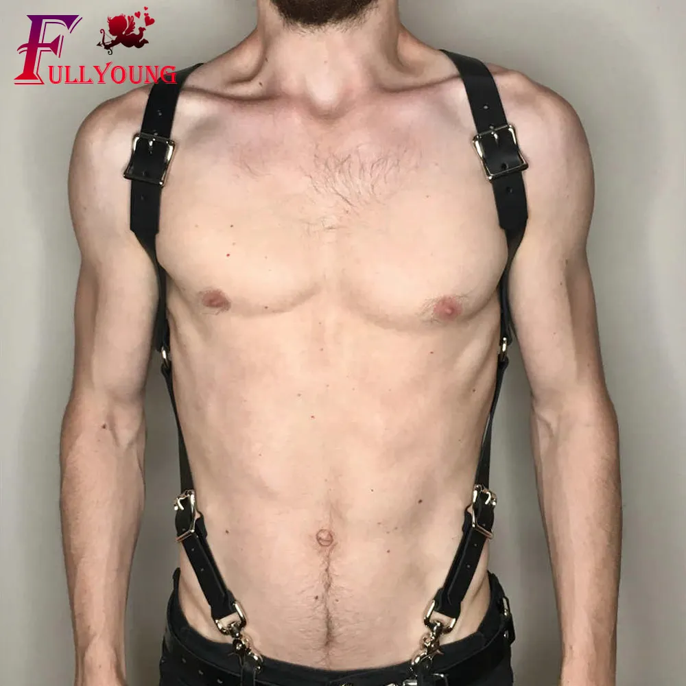 

Fullyoung Genuine PU leather Male Harness Bondage Restraints Leather Belt Chest Straps Buckles Fetish Clubwear Toys For man