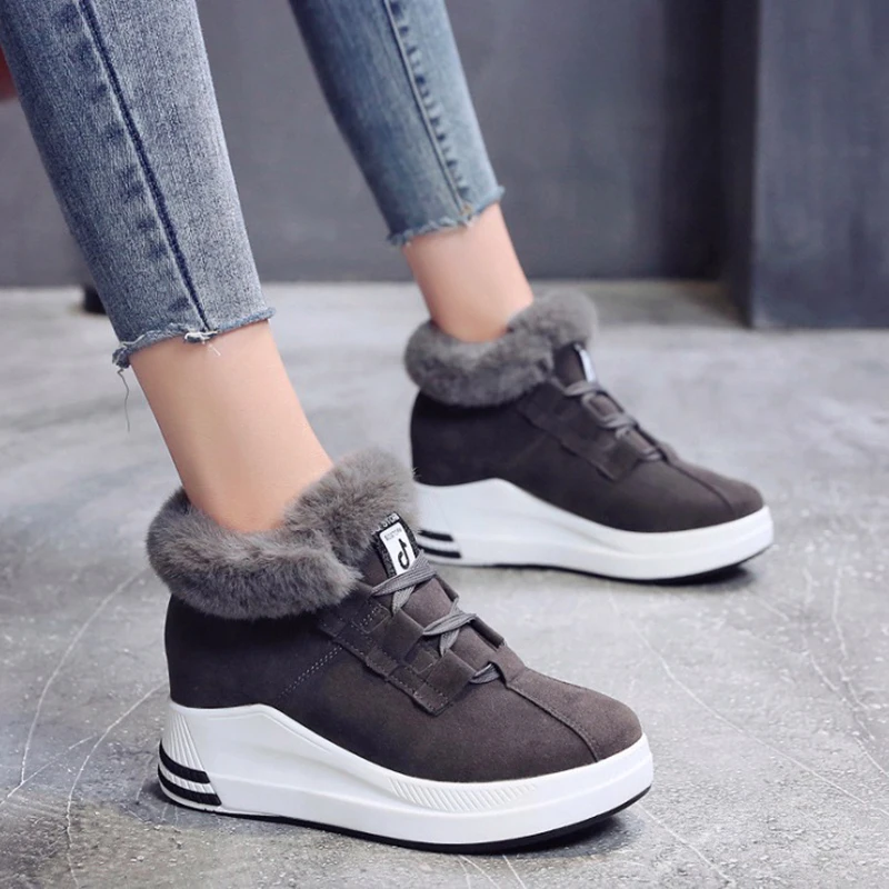 

Women Winter Shoes Fashion Women Sneakers Flock Lace-Up Heigh Increasing Warm Fur Breathable Flats Platform Women Casual Shoes