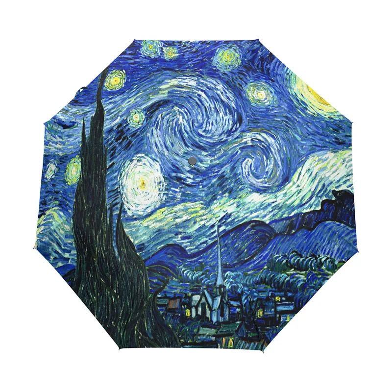 Креативная картина Звездная ночь зонтик Ван Гог Картина маслом три-складной Солнечный дождливый зонтик Анти-УФ зонтик для девочки - Цвет: Full automatic