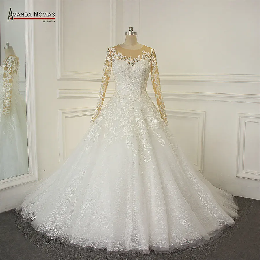 2019 Long Sleeve Lace Appliques A Line Wedding Dresses Real Samples