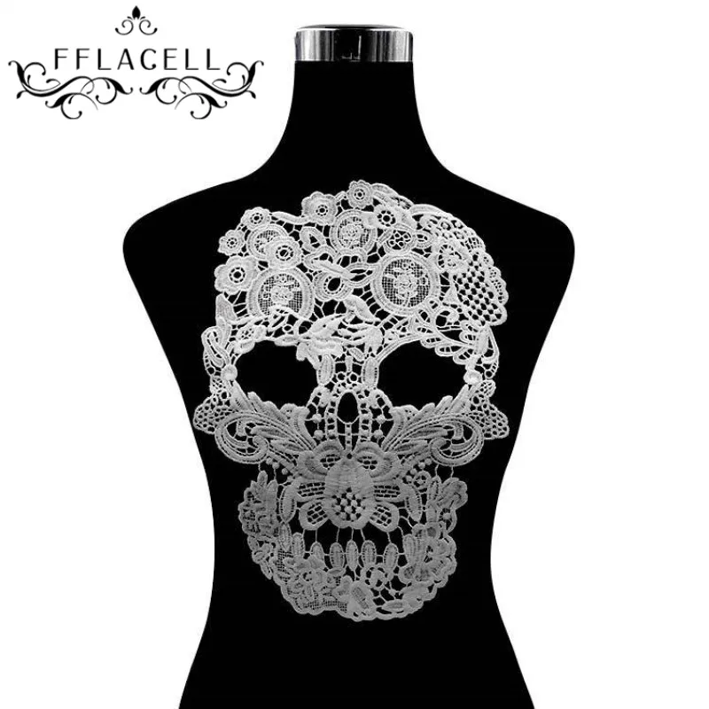

FFLACELL Hot Skull Pattern Floral Embroidery Lace Applique Sewing Patch DIY Sewing on Patch for Clothing Decor