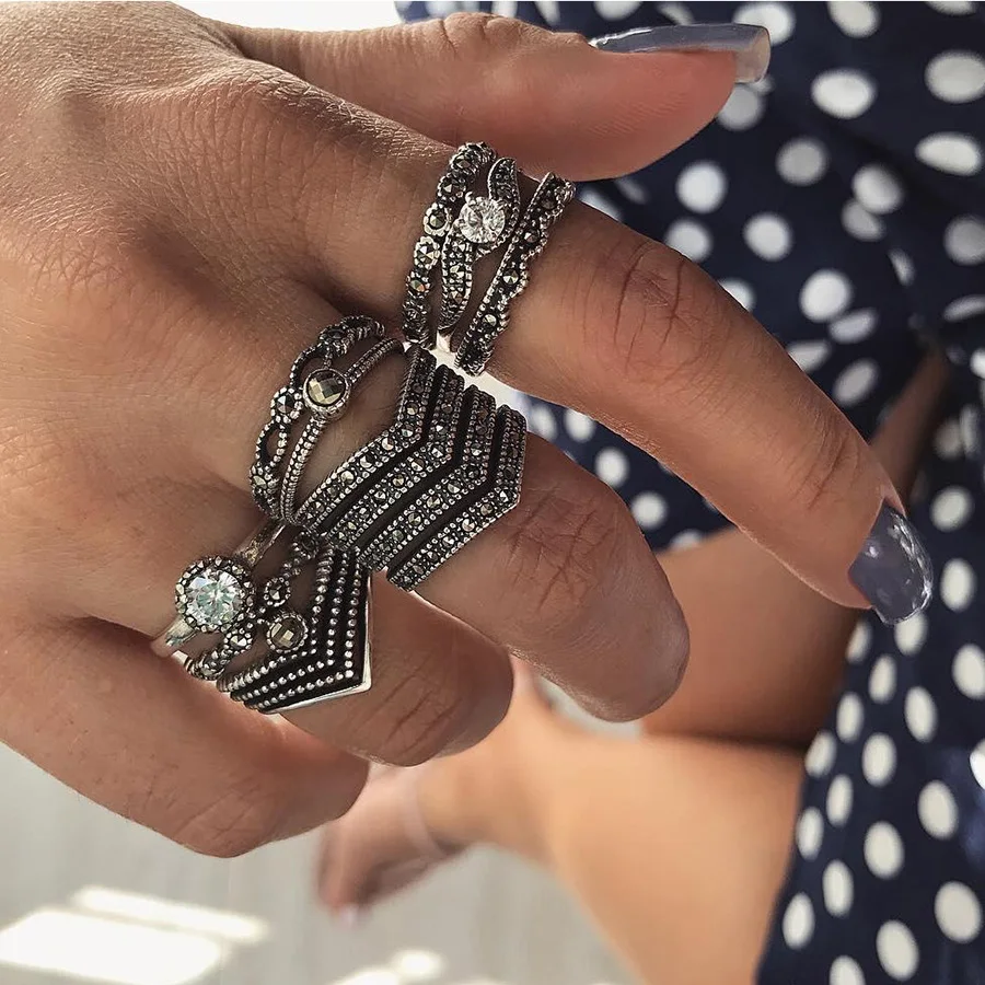 

RAVIMOUR 12pcs Ring Set Vintage Jewelry Crystal Statement V Design Knuckle Finger Ring Boho Turkish Female Anel Accessories 2018